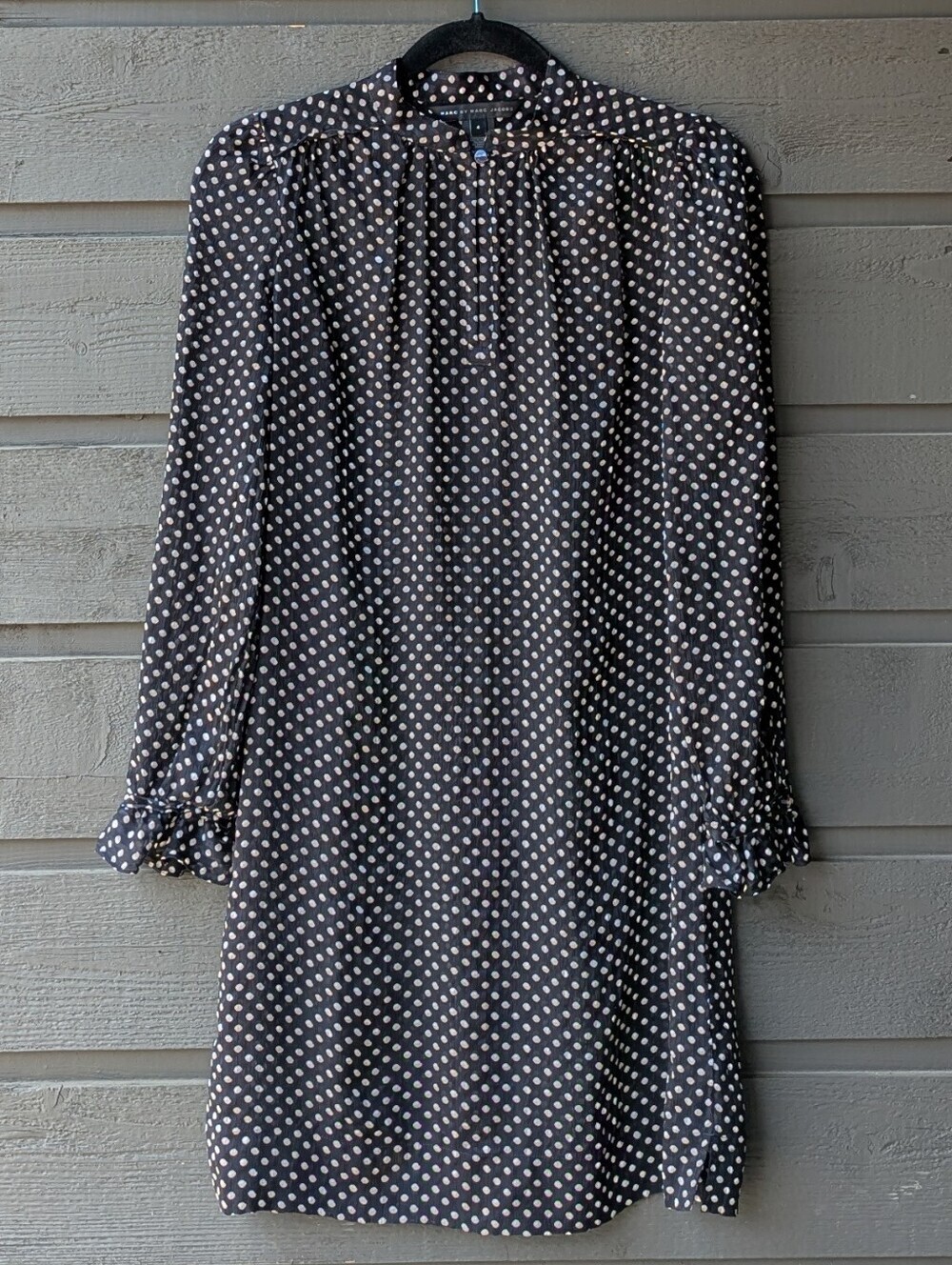 Marc By Marc Jacobs 100% Silk Black Blush White Polka Dot Long Sleeve Dress Sz 4
